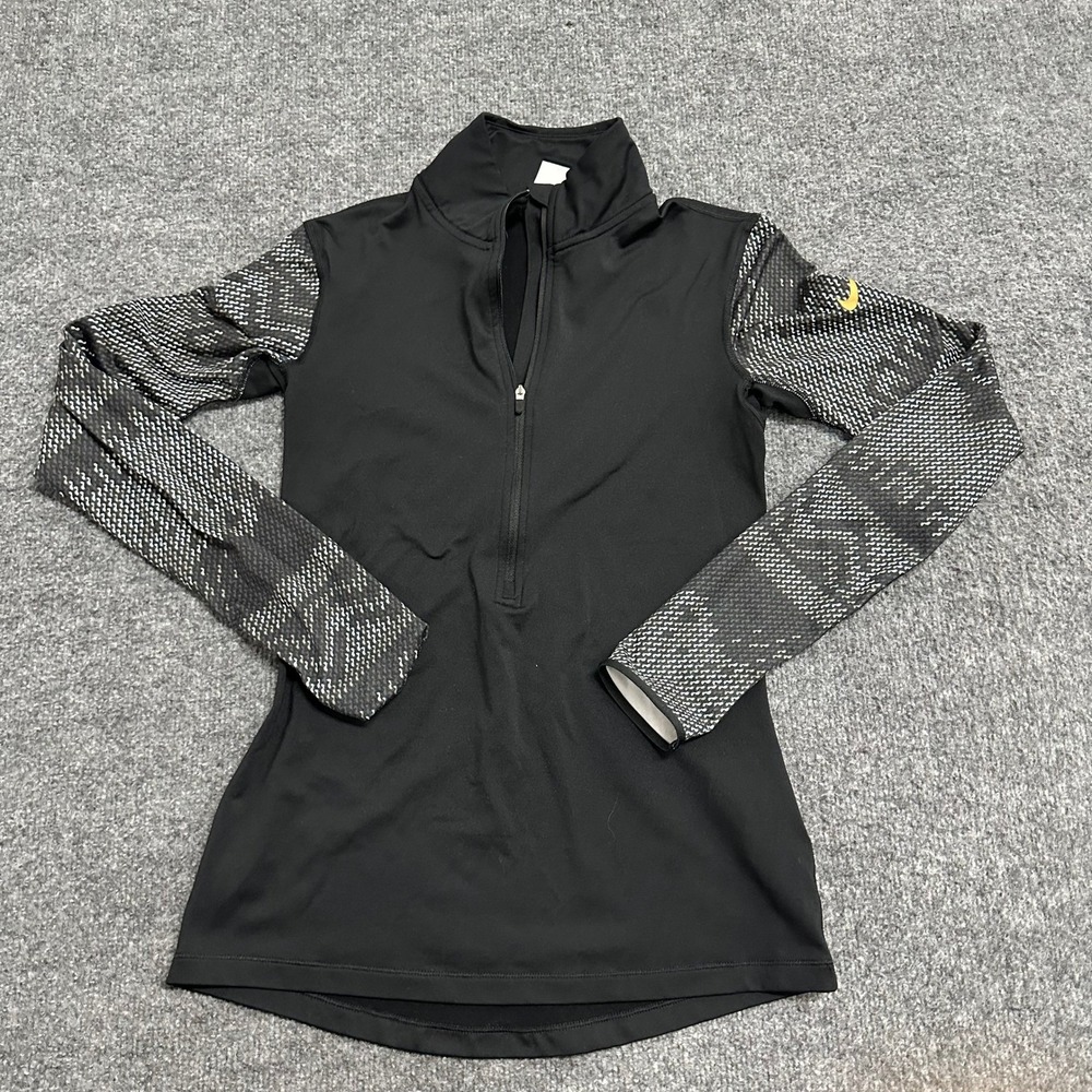 Nike Quarter Zip Womens Size S Black Dri-Fit Patterned Sleeve Thumbhole Athletic